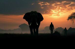 beim Sonnenaufgang, ein Mahout und Elefant erstellen ein malerisch Silhouette ai generiert foto