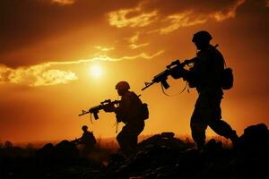 bewaffnet Mannschaft von Soldaten oder Offiziere im Silhouette beim Sonnenuntergang ai generiert foto