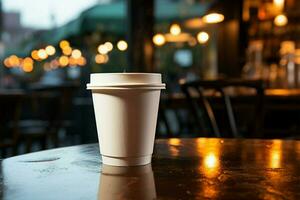 allein, ein dämpfen Kaffee Tasse wartet im ein gemütlich Kaffee Geschäft ai generiert foto