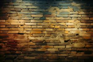 ein alt Backstein Mauer Hintergrund mit ein wunderlich Licht Leck ai generiert foto