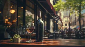 generativ ai, Glas von Wein und Flasche auf hölzern Tabelle mit verwischen Hintergrund mit Beleuchtung von Straße Bar, Cafe, Kaffee Geschäft oder Restaurant, Wein spotten oben foto