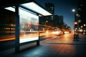 städtisch Bus Bahnhof Vorlage mit leer Anzeige Licht Box beim Nacht ai generiert foto