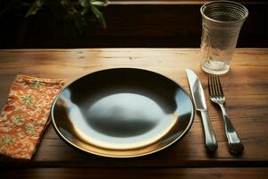 Utensilien sich ausruhen neben ein leeren Platte, bereit zum ein Mahlzeit ai generiert foto