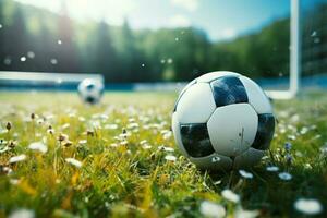 beschwingt Feld mit ein Fußball Ball, ein Szene von Sport ai generiert foto