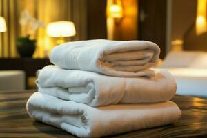 herzlich willkommen zu das Hotel Erholungsort, mit ein ordentlich gefaltet Bett Handtuch ai generiert foto