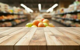 Supermarkt Bokeh hinter Holz Tischplatte, perfekt zum Produkt Anzeige Präsentationen ai generiert foto