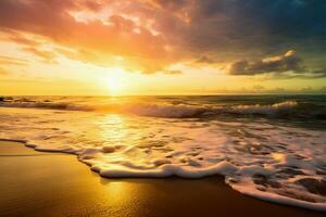 das Strände Schönheit scheint beim Sonnenaufgang und Sonnenuntergang durch das Meer ai generiert foto