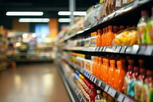 Supermarkt Gang mit Produkt Regale, mit ein defokussiert Hintergrund verwischen ai generiert foto