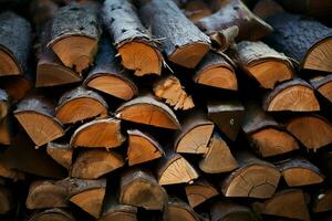 texturiert Brennholz Stapel, wesentlich zum ein warm und rustikal Atmosphäre ai generiert foto
