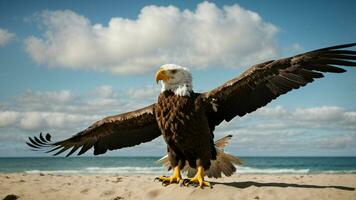 ein schön Sommer- Tag mit Blau Himmel und ein einsam stellers Meer Adler Über das Strand ai generativ foto