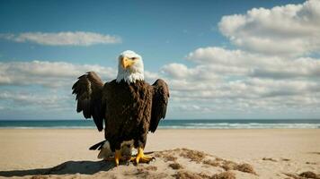 ein schön Sommer- Tag mit Blau Himmel und ein einsam stellers Meer Adler Über das Strand ai generativ foto