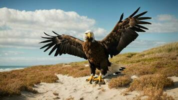 ein schön Sommer- Tag mit Blau Himmel und ein einsam stellers Meer Adler Über das Strand ai generativ foto