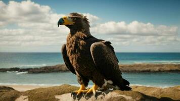 ein schön Sommer- Tag mit Blau Himmel und ein einsam stellers Meer Adler Über das Strand ai generativ foto