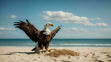 ein schön Sommer- Tag mit Blau Himmel und ein einsam stellers Meer Adler Über das Strand ai generativ foto