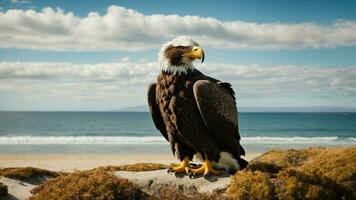 ein schön Sommer- Tag mit Blau Himmel und ein einsam stellers Meer Adler Über das Strand ai generativ foto