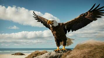 ein schön Sommer- Tag mit Blau Himmel und ein einsam stellers Meer Adler Über das Strand ai generativ foto