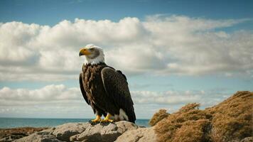 ein schön Sommer- Tag mit Blau Himmel und ein einsam stellers Meer Adler Über das Strand ai generativ foto