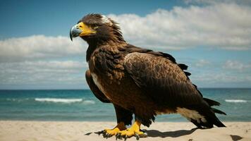 ein schön Sommer- Tag mit Blau Himmel und ein einsam stellers Meer Adler Über das Strand ai generativ foto