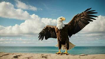 ein schön Sommer- Tag mit Blau Himmel und ein einsam stellers Meer Adler Über das Strand ai generativ foto