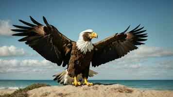 ein schön Sommer- Tag mit Blau Himmel und ein einsam stellers Meer Adler Über das Strand ai generativ foto