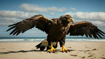 ein schön Sommer- Tag mit Blau Himmel und ein einsam stellers Meer Adler Über das Strand ai generativ foto