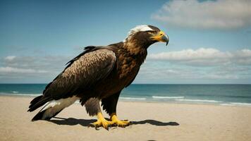 ein schön Sommer- Tag mit Blau Himmel und ein einsam stellers Meer Adler Über das Strand ai generativ foto