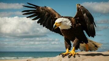 ein schön Sommer- Tag mit Blau Himmel und ein einsam stellers Meer Adler Über das Strand ai generativ foto