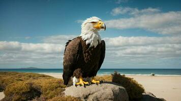 ein schön Sommer- Tag mit Blau Himmel und ein einsam stellers Meer Adler Über das Strand ai generativ foto