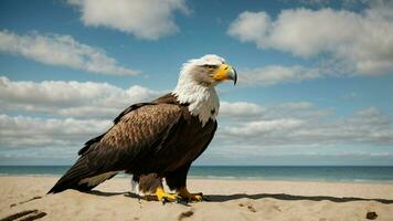 ein schön Sommer- Tag mit Blau Himmel und ein einsam stellers Meer Adler Über das Strand ai generativ foto