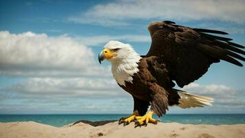 ein schön Sommer- Tag mit Blau Himmel und ein einsam stellers Meer Adler Über das Strand ai generativ foto