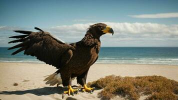 ein schön Sommer- Tag mit Blau Himmel und ein einsam stellers Meer Adler Über das Strand ai generativ foto