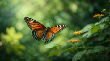 Natur Hintergrund mit ein schön fliegend Schmetterling mit Grün Wald ai generativ foto