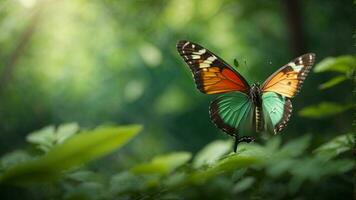 Natur Hintergrund mit ein schön fliegend Schmetterling mit Grün Wald ai generativ foto