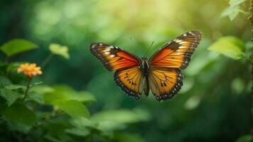 Natur Hintergrund mit ein schön fliegend Schmetterling mit Grün Wald ai generativ foto