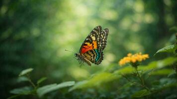 Natur Hintergrund mit ein schön fliegend Schmetterling mit Grün Wald ai generativ foto