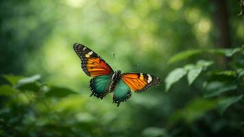 Natur Hintergrund mit ein schön fliegend Schmetterling mit Grün Wald ai generativ foto