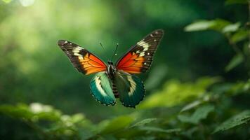 Natur Hintergrund mit ein schön fliegend Schmetterling mit Grün Wald ai generativ foto