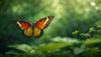 Natur Hintergrund mit ein schön fliegend Schmetterling mit Grün Wald ai generativ foto