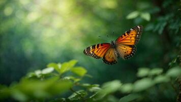 Natur Hintergrund mit ein schön fliegend Schmetterling mit Grün Wald ai generativ foto