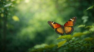 Natur Hintergrund mit ein schön fliegend Schmetterling mit Grün Wald ai generativ foto