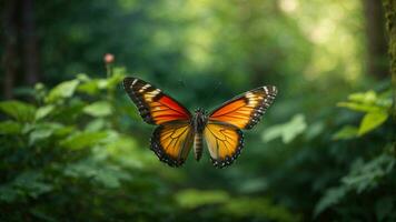 Natur Hintergrund mit ein schön fliegend Schmetterling mit Grün Wald ai generativ foto