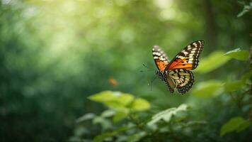 Natur Hintergrund mit ein schön fliegend Schmetterling mit Grün Wald ai generativ foto