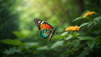 Natur Hintergrund mit ein schön fliegend Schmetterling mit Grün Wald ai generativ foto