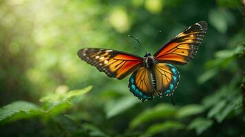 Natur Hintergrund mit ein schön fliegend Schmetterling mit Grün Wald ai generativ foto