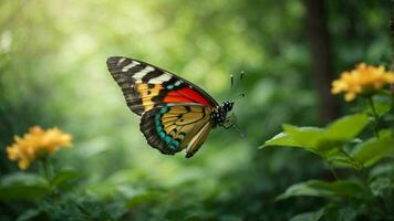 Natur Hintergrund mit ein schön fliegend Schmetterling mit Grün Wald ai generativ foto