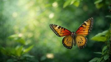 Natur Hintergrund mit ein schön fliegend Schmetterling mit Grün Wald ai generativ foto