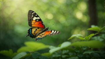 Natur Hintergrund mit ein schön fliegend Schmetterling mit Grün Wald ai generativ foto