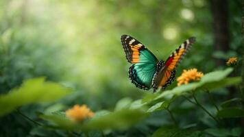 Natur Hintergrund mit ein schön fliegend Schmetterling mit Grün Wald ai generativ foto