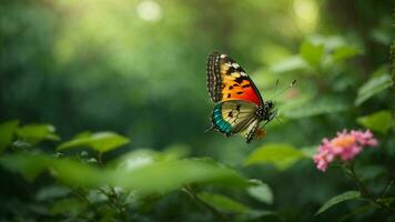 Natur Hintergrund mit ein schön fliegend Schmetterling mit Grün Wald ai generativ foto