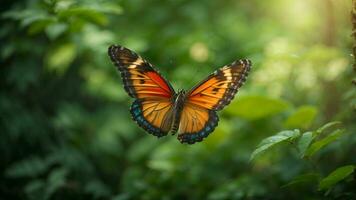 Natur Hintergrund mit ein schön fliegend Schmetterling mit Grün Wald ai generativ foto